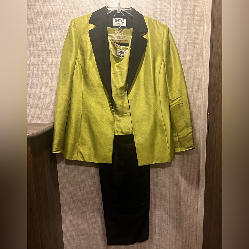 Kasper ASL Green Black Suit Set 3 Pc Blazer Shell Pants 10 Holiday Cocktail